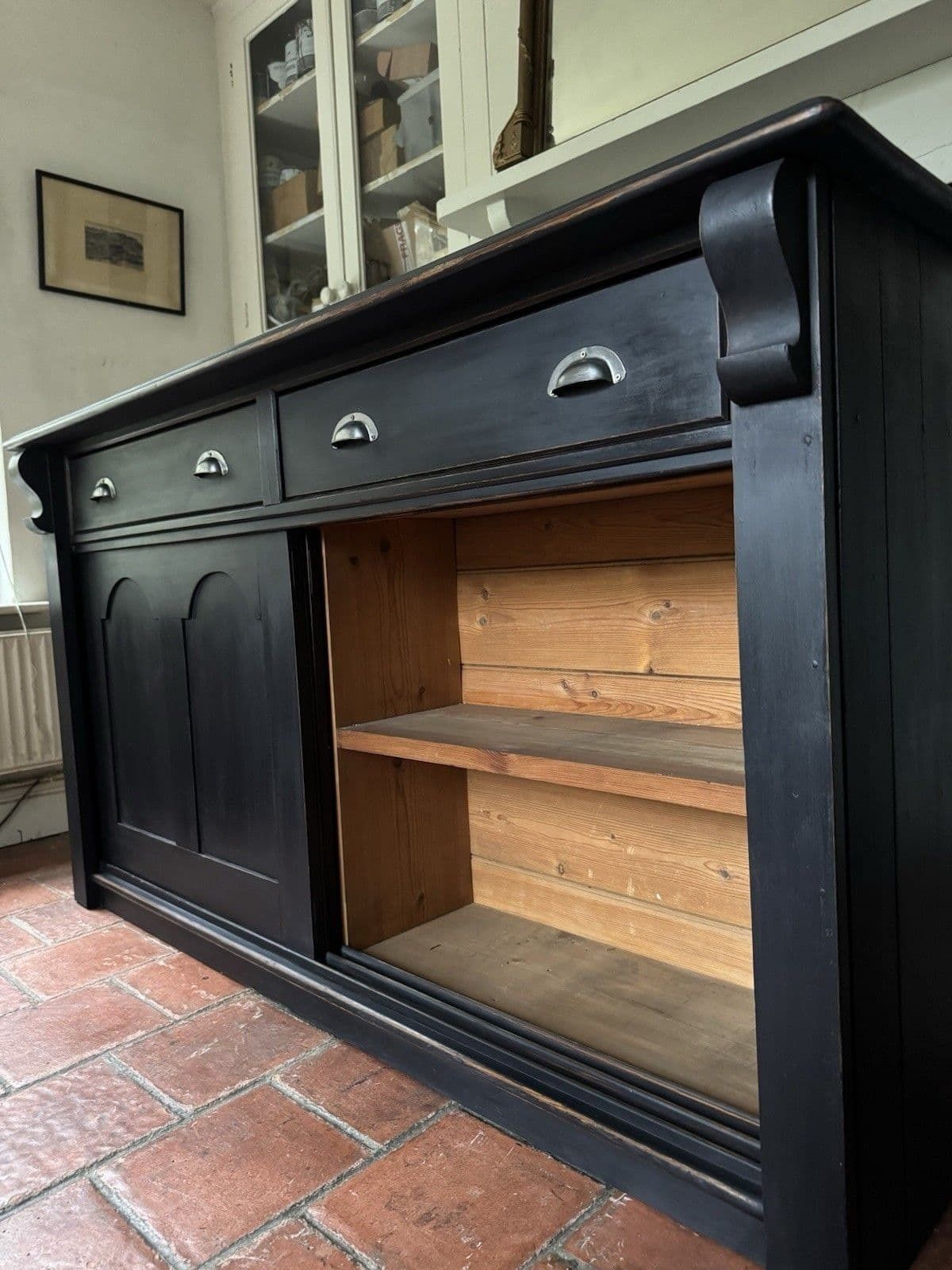 photo vintage Antique Victorian Painted Solid Pine Sideboard Dresser Base Sliding Door Cupboard