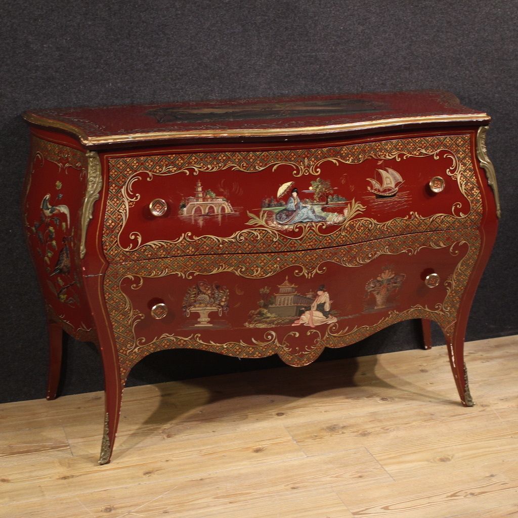 French Lacquered, Painted And Gilded Chinoiserie Commode