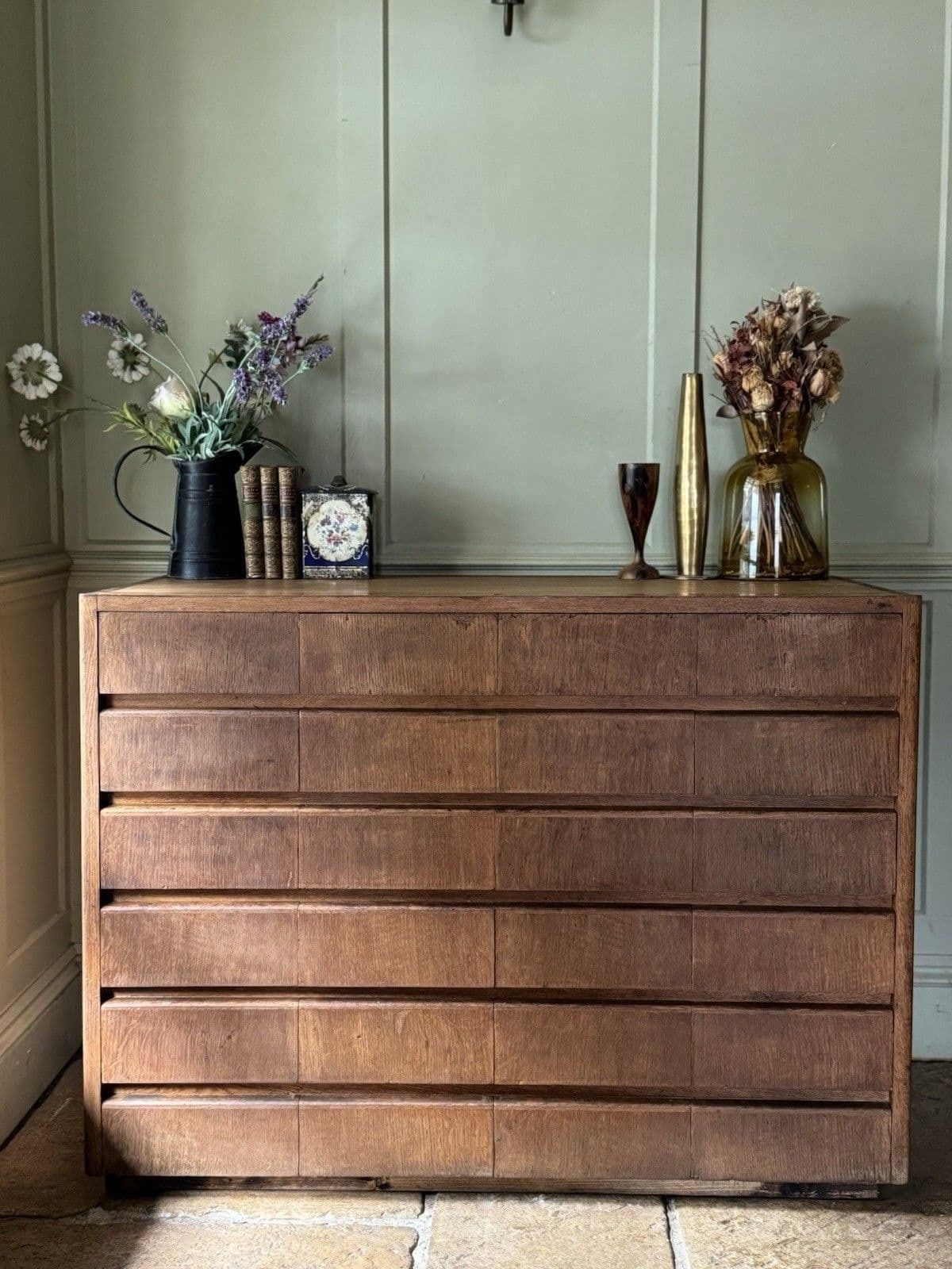 Vintage Midcentury Oak Veneer & Ply Haberdashery Apothecary Chest Of Drawers(24) photo vintage