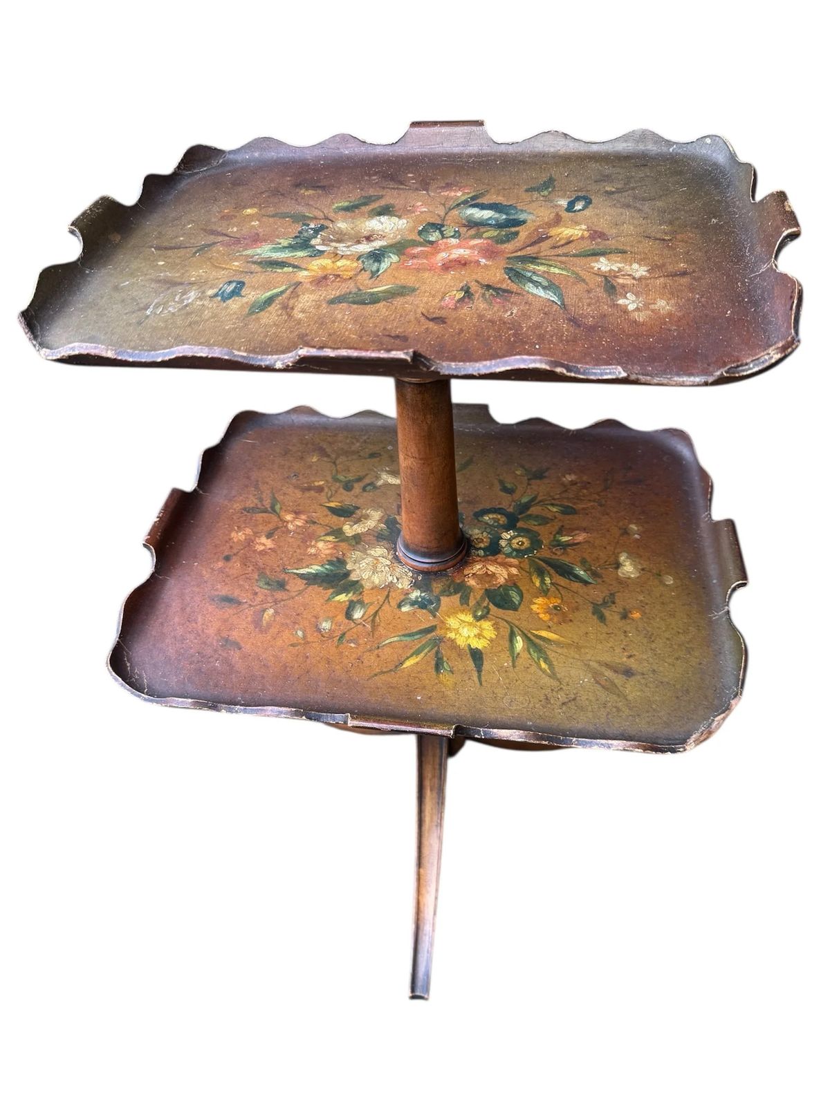 Antique Victorian Hand Painted Paper Mache Two Tier Dumb Waiter Stand photo for sale