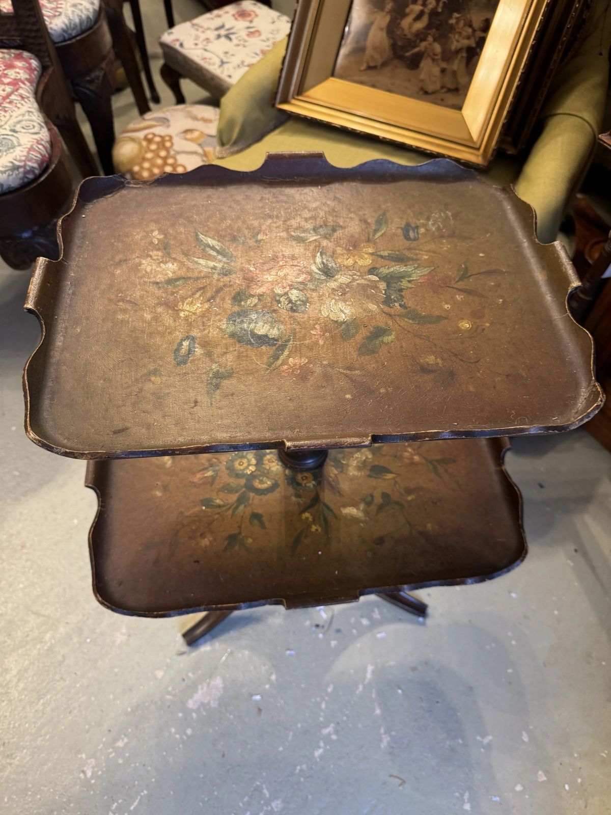 Antique Victorian Hand Painted Paper Mache Two Tier Dumb Waiter Stand photo buy