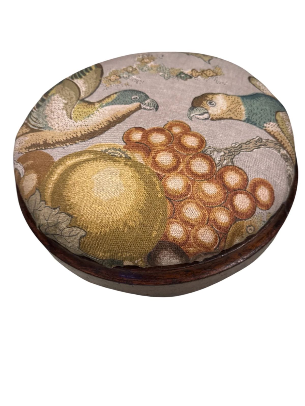 Antique Victorian Pair Of Round Dark Mahogany Framed Footstools Recovered Designer Linen Parrot & Grapes Fabric photo for sale