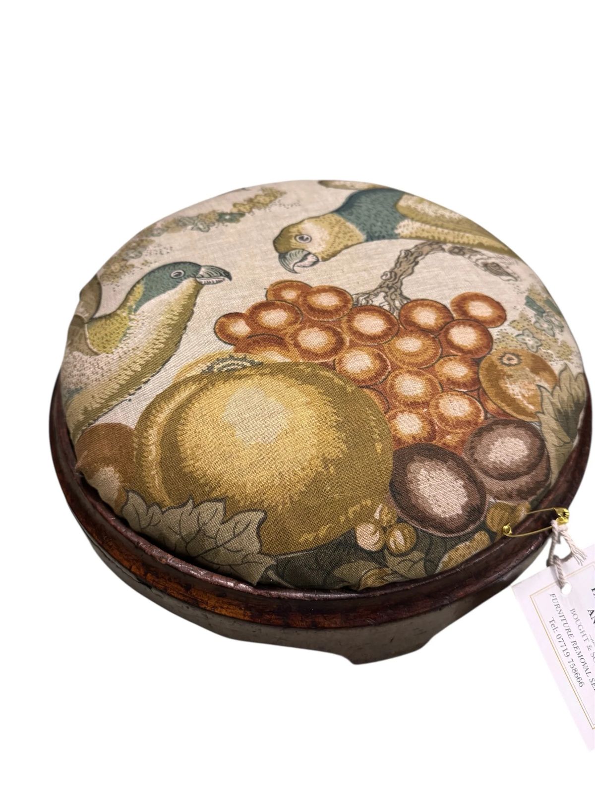 Antique Victorian Pair Of Round Dark Mahogany Framed Footstools Recovered Designer Linen Parrot & Grapes Fabric photo Furniture