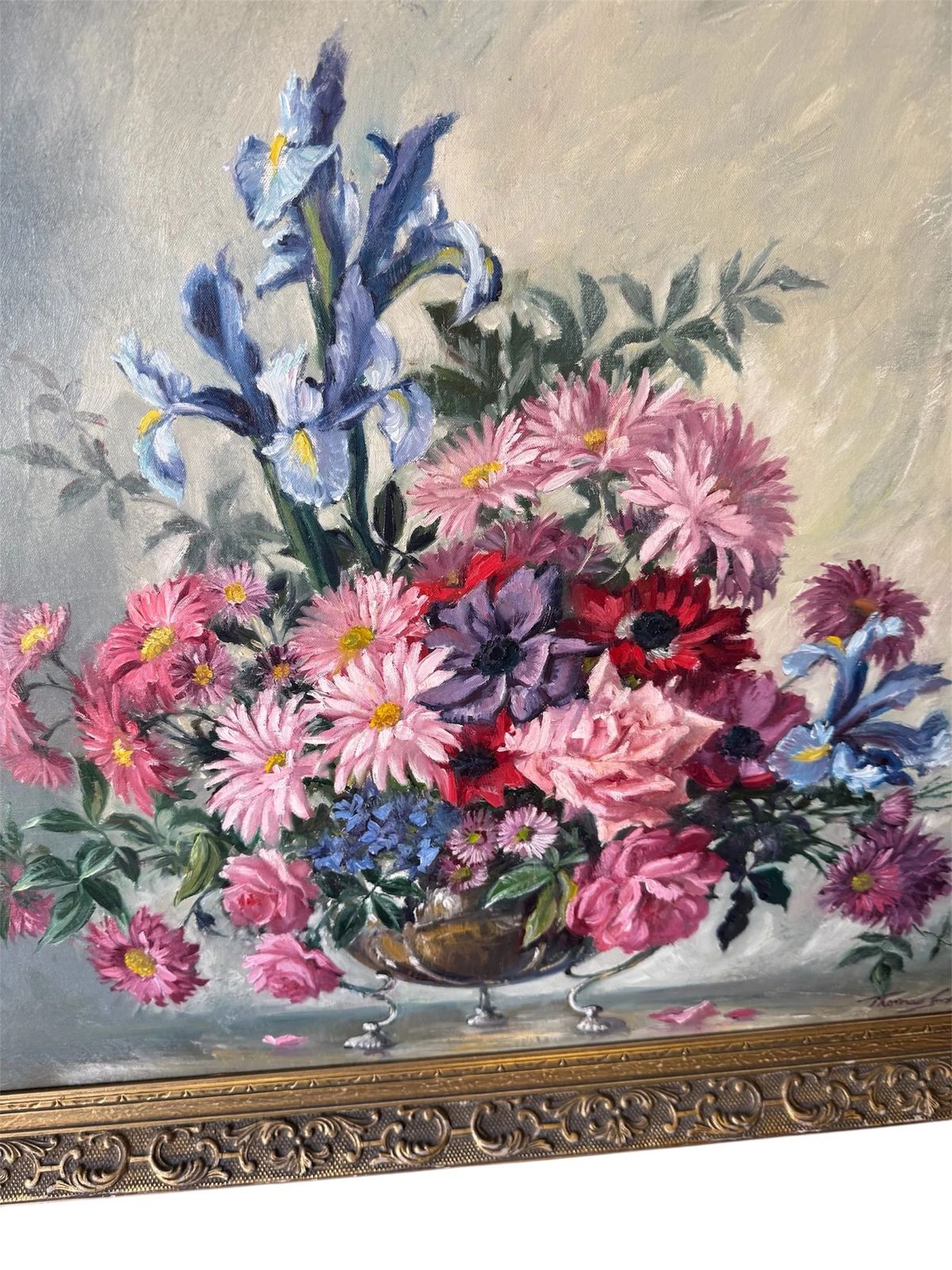 Vintage Mid Century Colourful Oil On Canvas Painting In Ornate Gilt Frame photo furniture