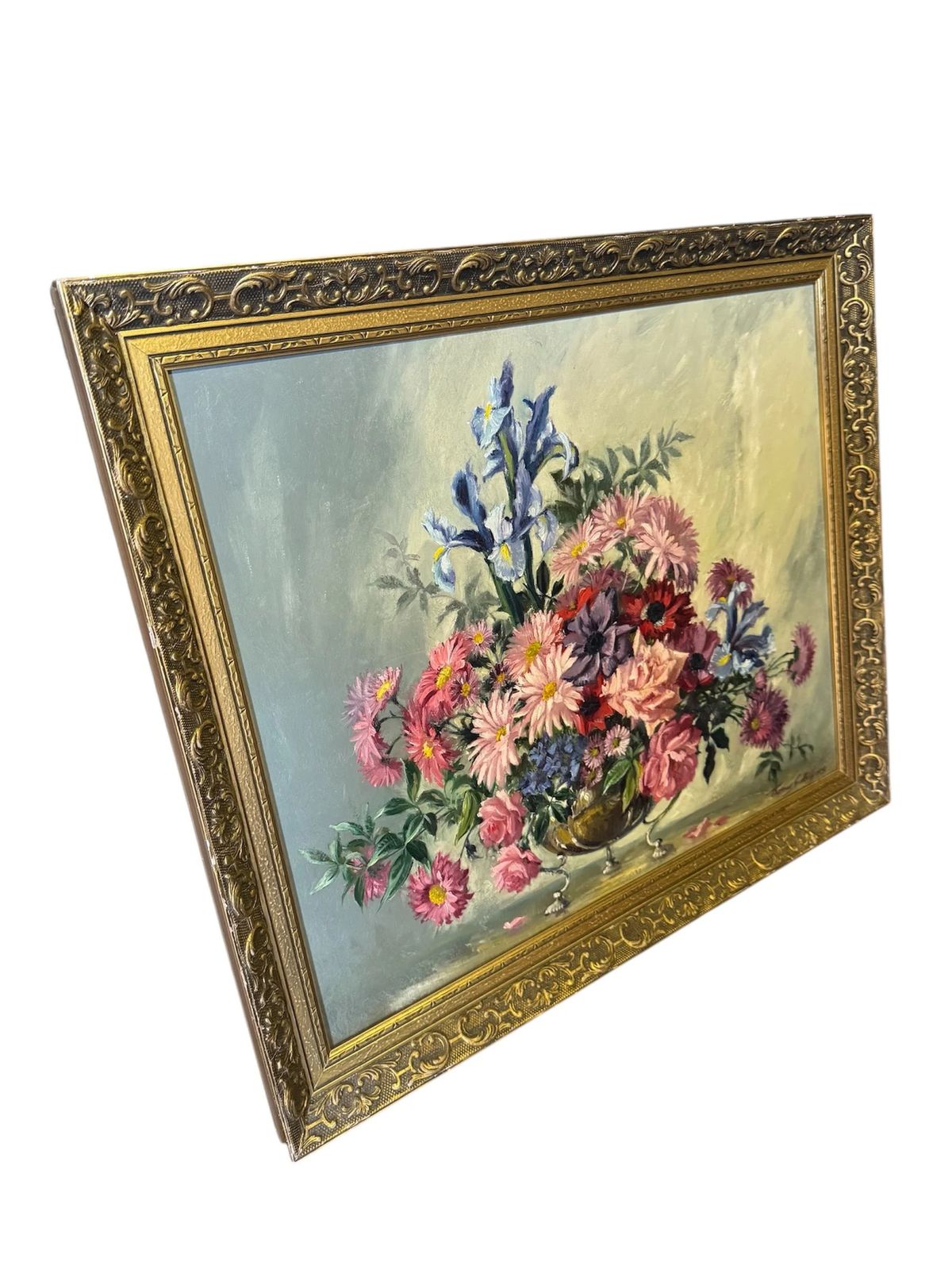Vintage Mid Century Colourful Oil On Canvas Painting In Ornate Gilt Frame photo for sale