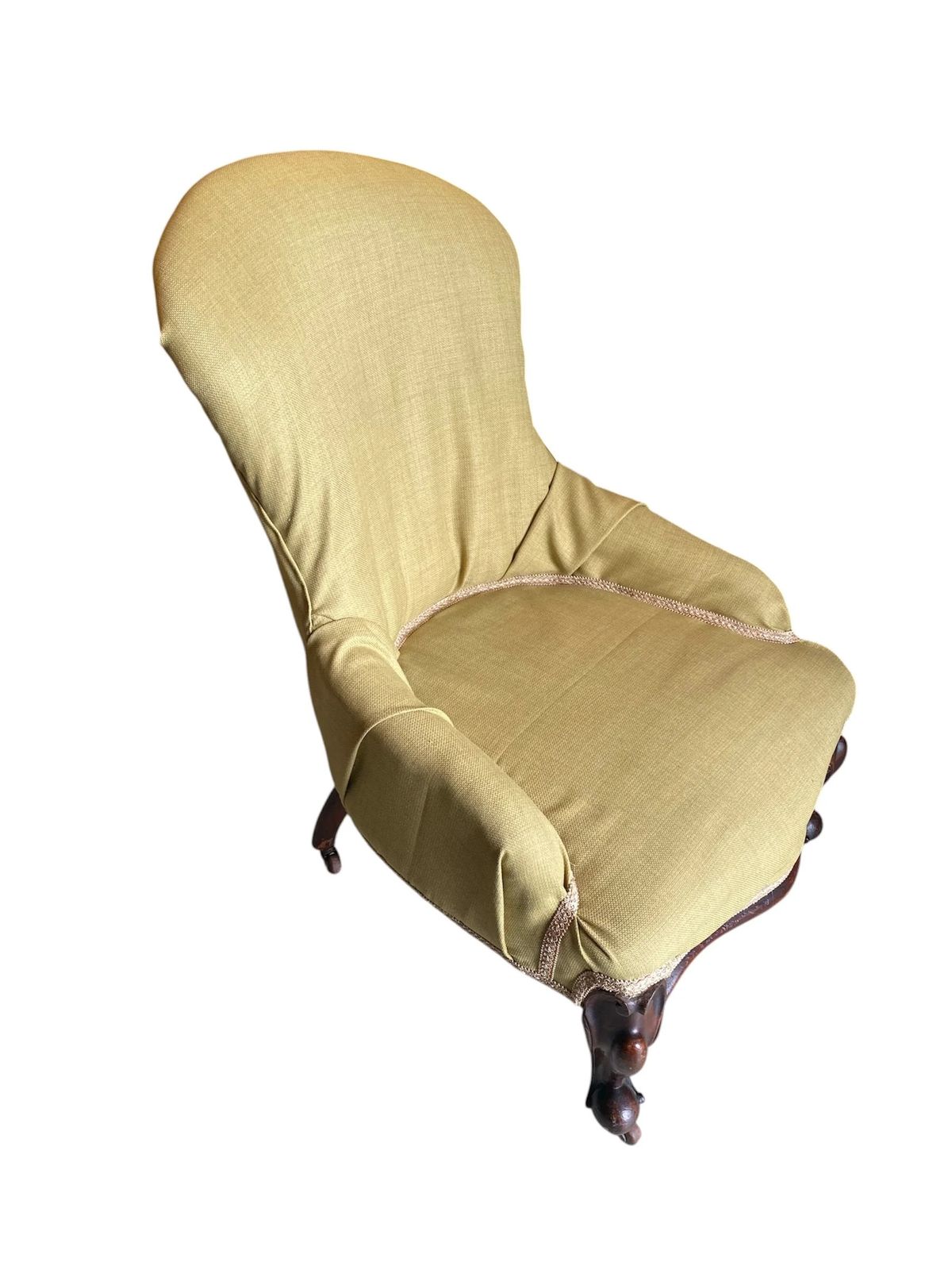 Victorian Upholstered Ladies Library Chair Mahogany Frame Recovered In Sage Green Linen photo for sale