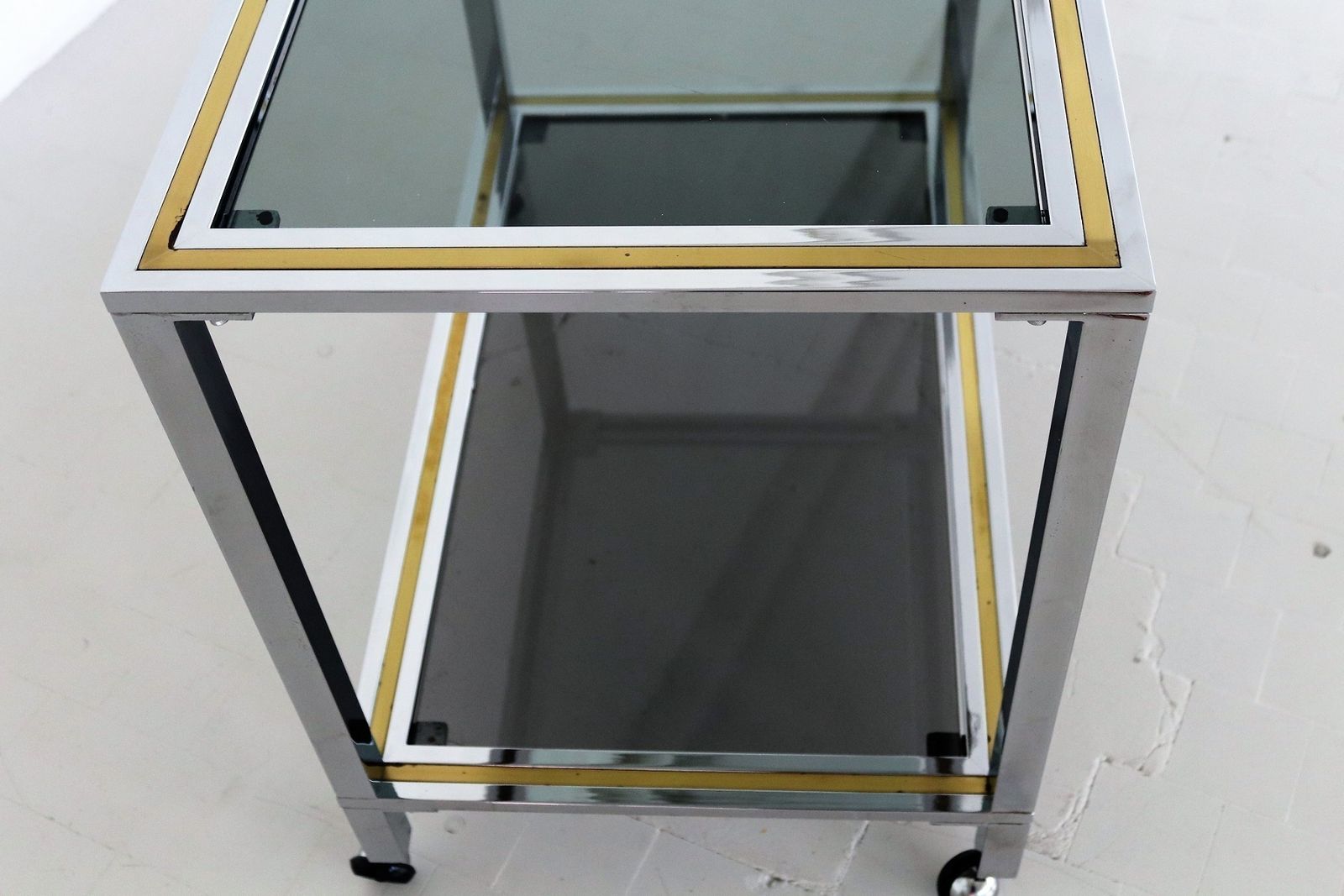 Furniture Italian Midcentury Bar Cart Or Trolley In Brass And Chrome, 1970s photo