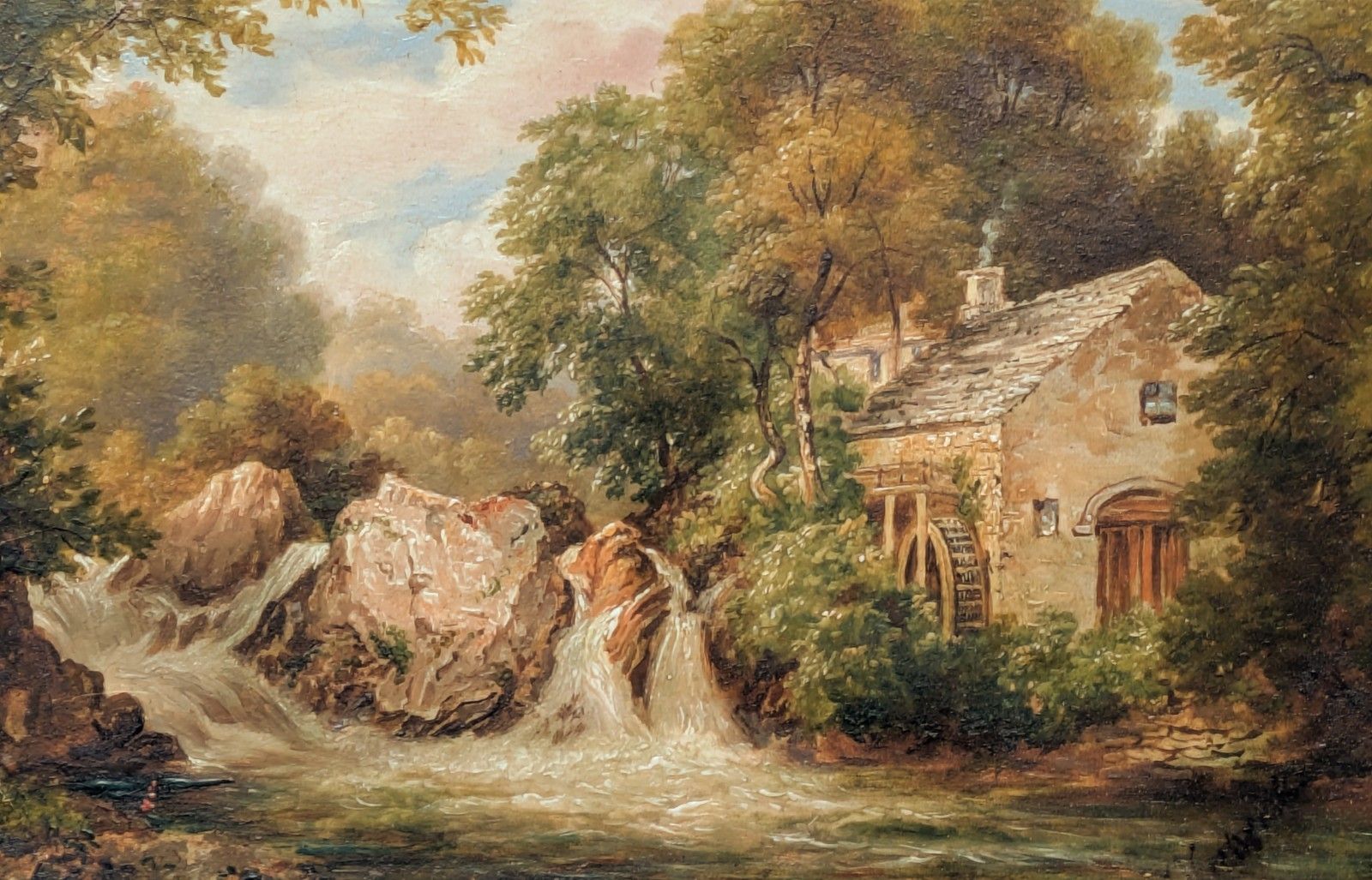 19th Century Oil Painting Ailsie Crag & Old Mill photo for sale