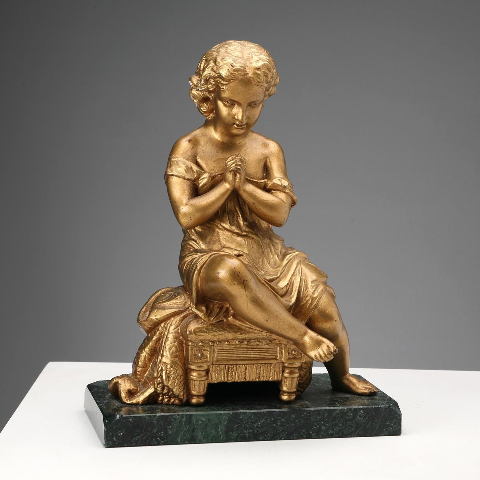 Antique Figurine Young Praying Girl Gilded Metal XIX XX Century