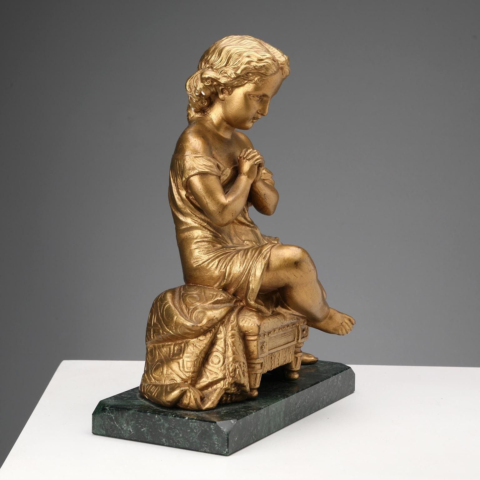 Antique Figurine Young Praying Girl Gilded Metal XIX XX Century photo Art