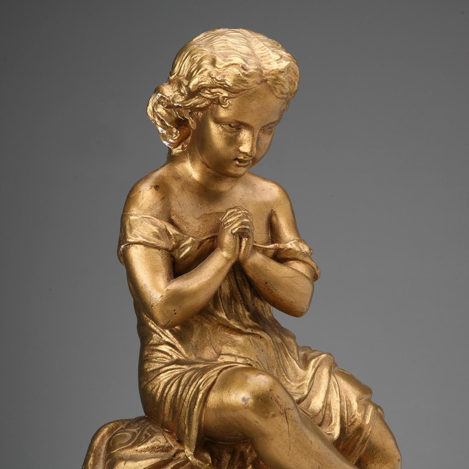 Antique Figurine Young Praying Girl Gilded Metal XIX XX Century photo 230.0