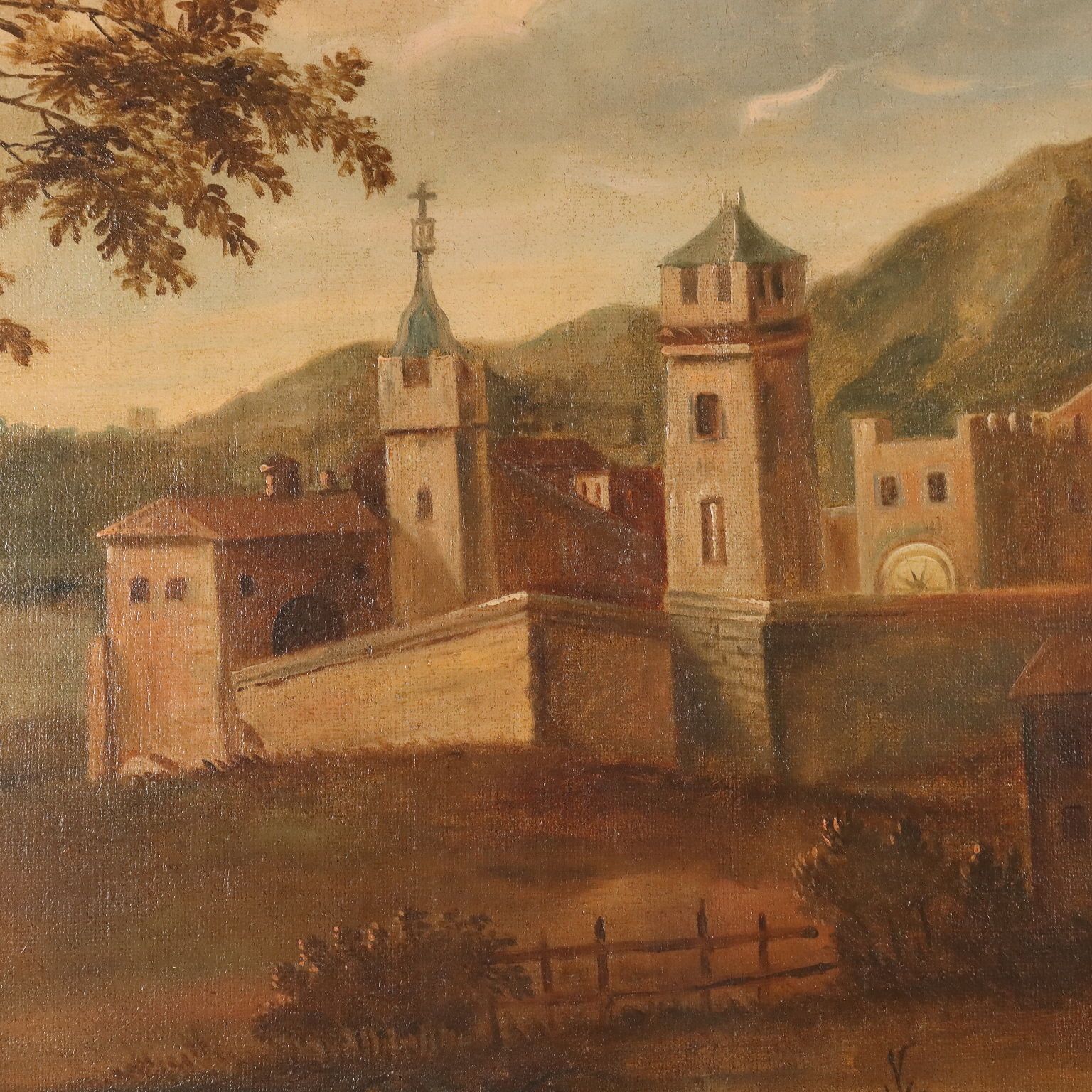 Antique Painting Landscape With Village Oil On Canvas '700 photo 1890.0