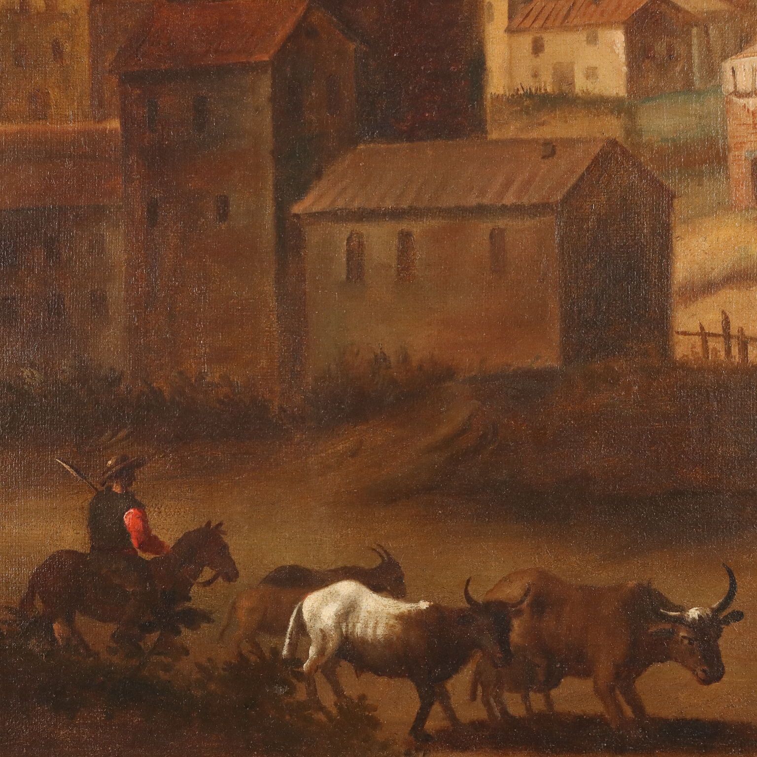 Antique Painting Landscape With Village Oil On Canvas '700 photo vinterior