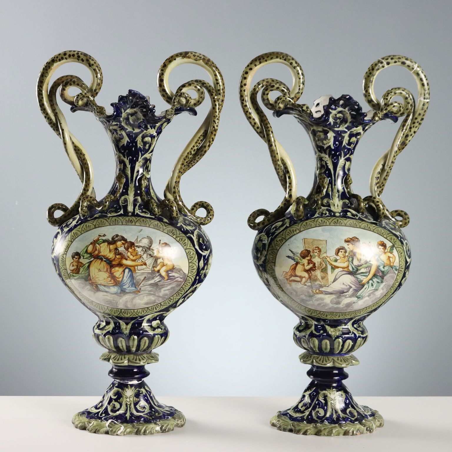 Amphorae Neo Renaissance Style Majolica Italy XIX Century