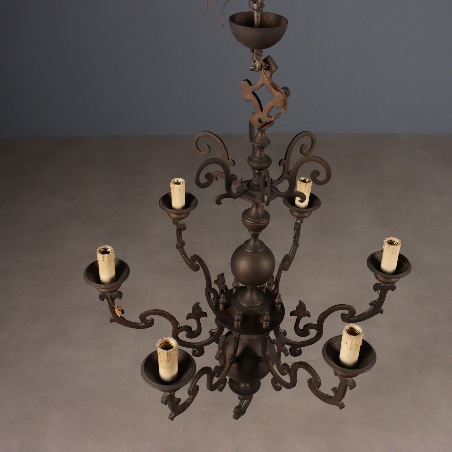 Antique Chandelier Bronze Metal 6 Lights Netherlands XX Century photo vintage