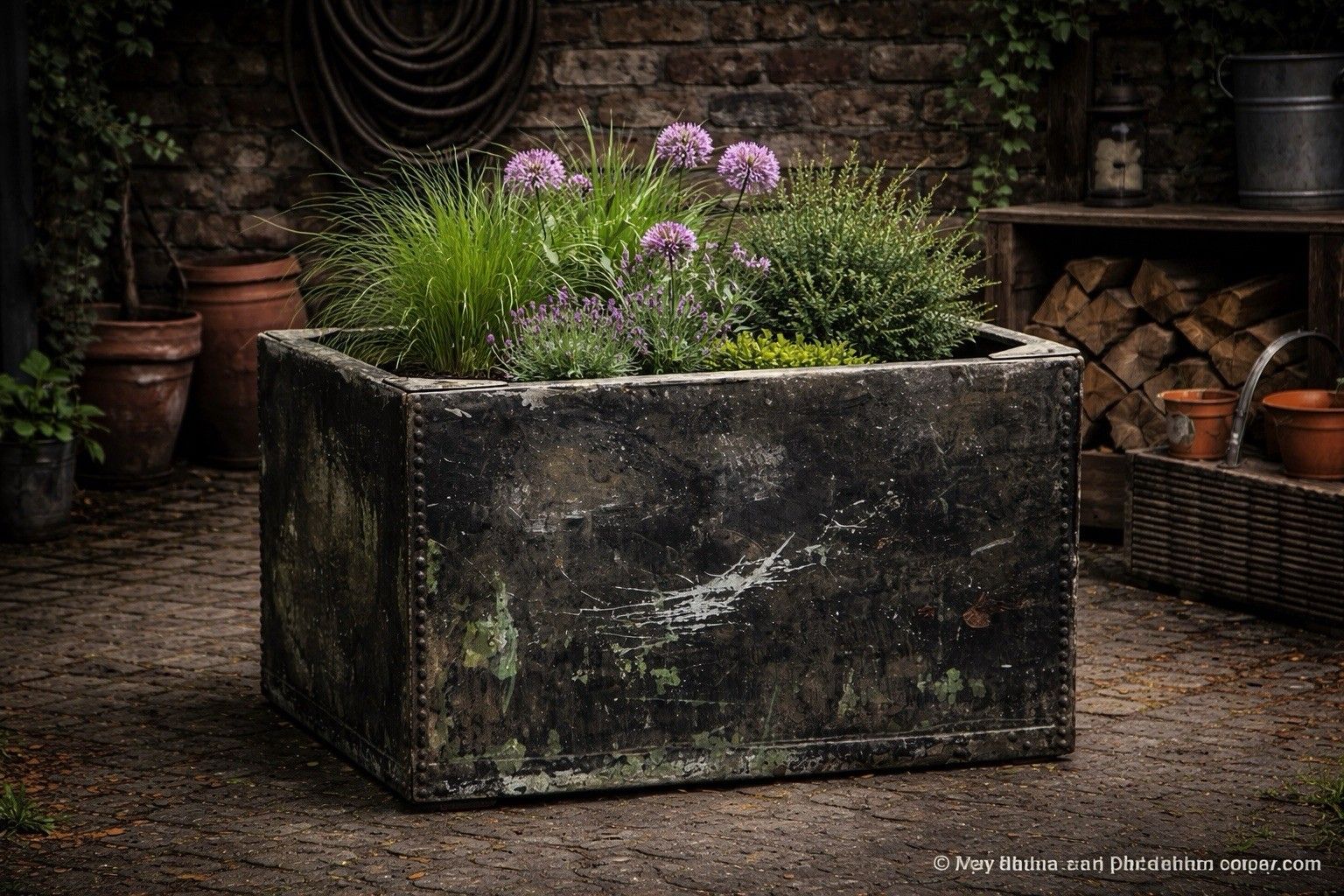Garden Decor Riveted Galvanised Trough Garden Planter /  Raised Flower Bed Plant Pot Log Store Z10 photo