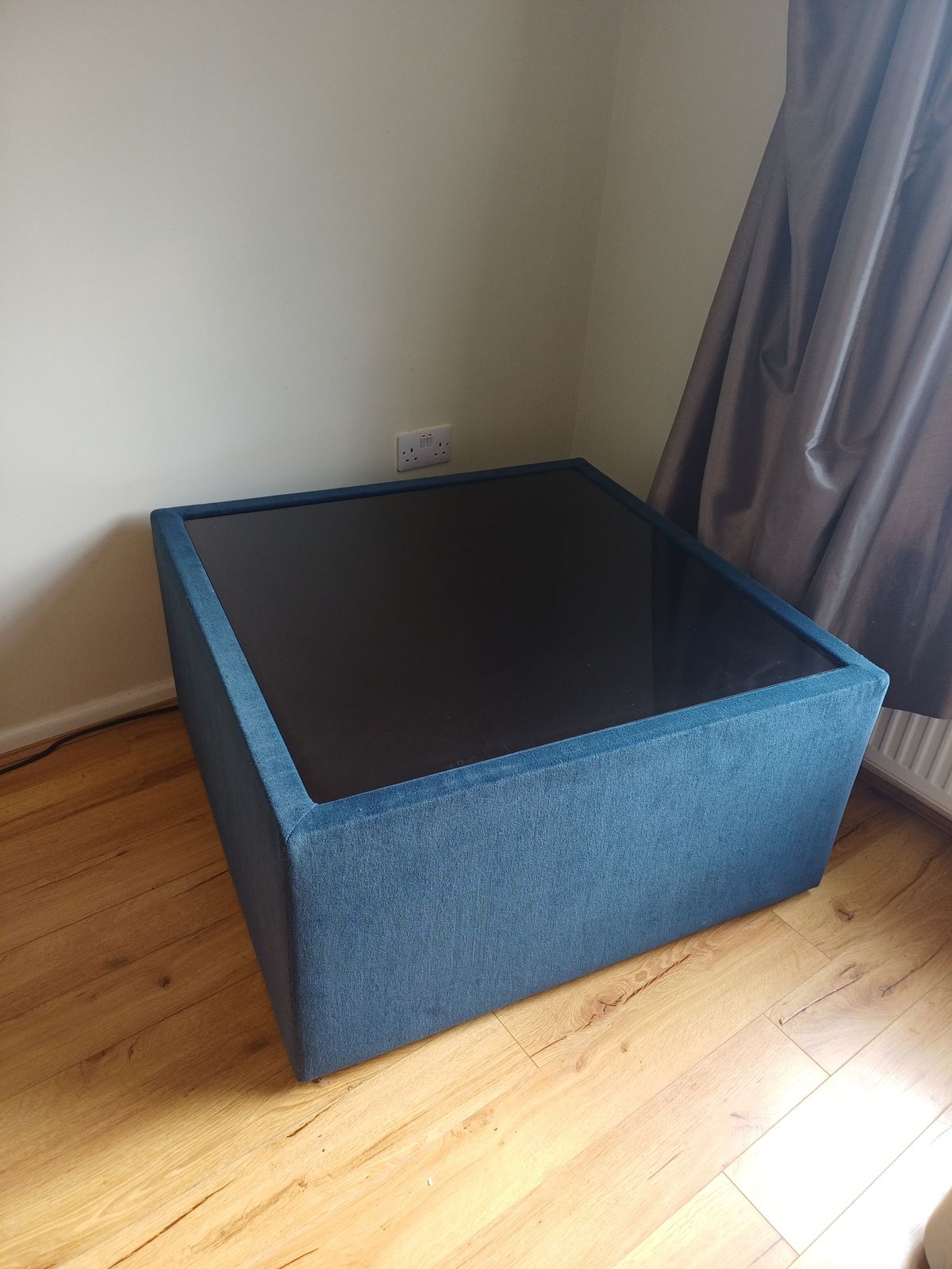 Blue Table With Black Glass Top. photo for sale