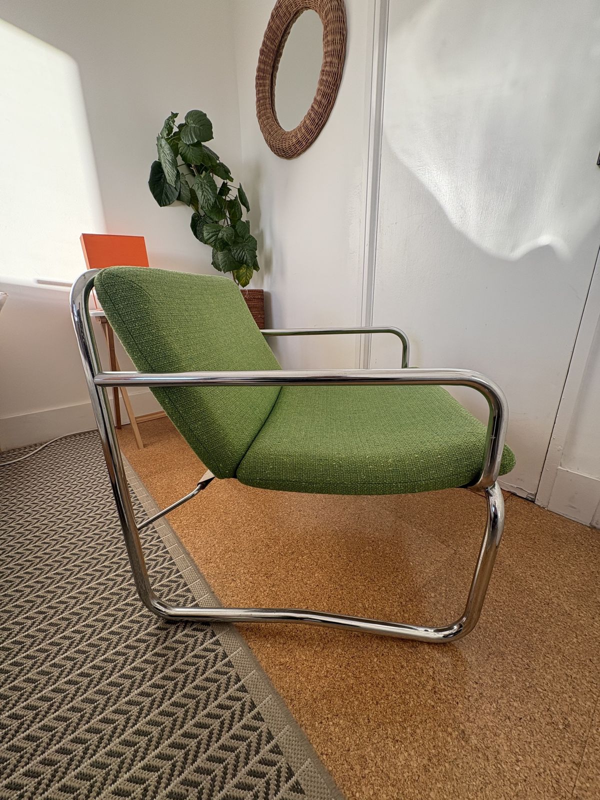 Mid Century Tubular Chrome Armchair With Original Fabric Upholstery In Green photo for sale