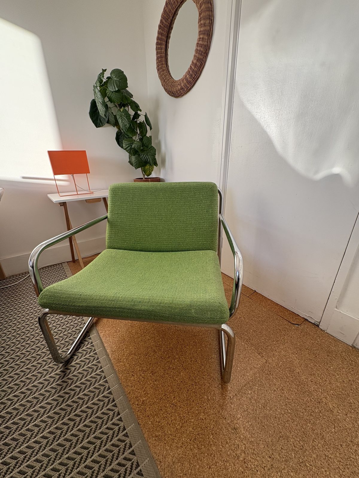 Mid Century Tubular Chrome Armchair With Original Fabric Upholstery In Green photo Furniture