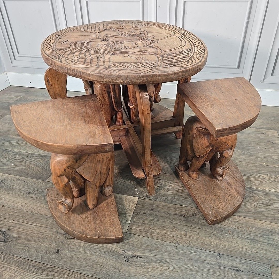 Vintage Elephant Nesting Tables Indian Carved Hardwood Coffee Table Retro Nest photo vintage