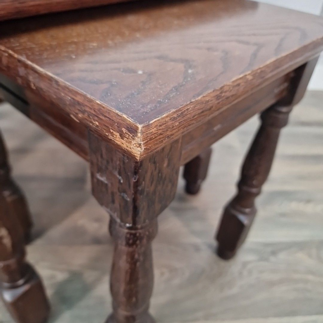 Vintage Nest Of Tables Wooden Oak Turned Legs Set Antique Style Lamp Side photo 60.0