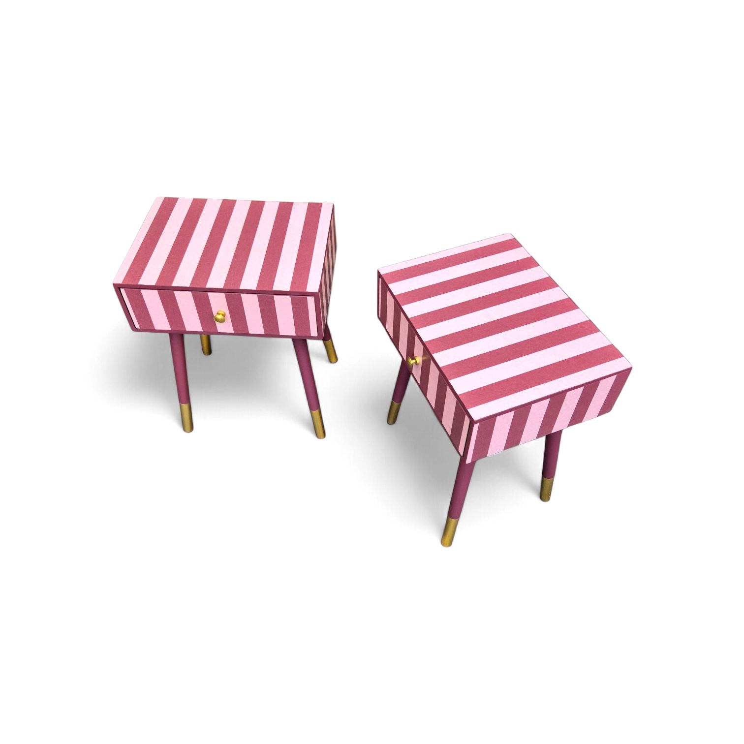 Pair Of Luxury Upcycled Bedsides With Maroon Candy Stripe Decoupage photo 450.0