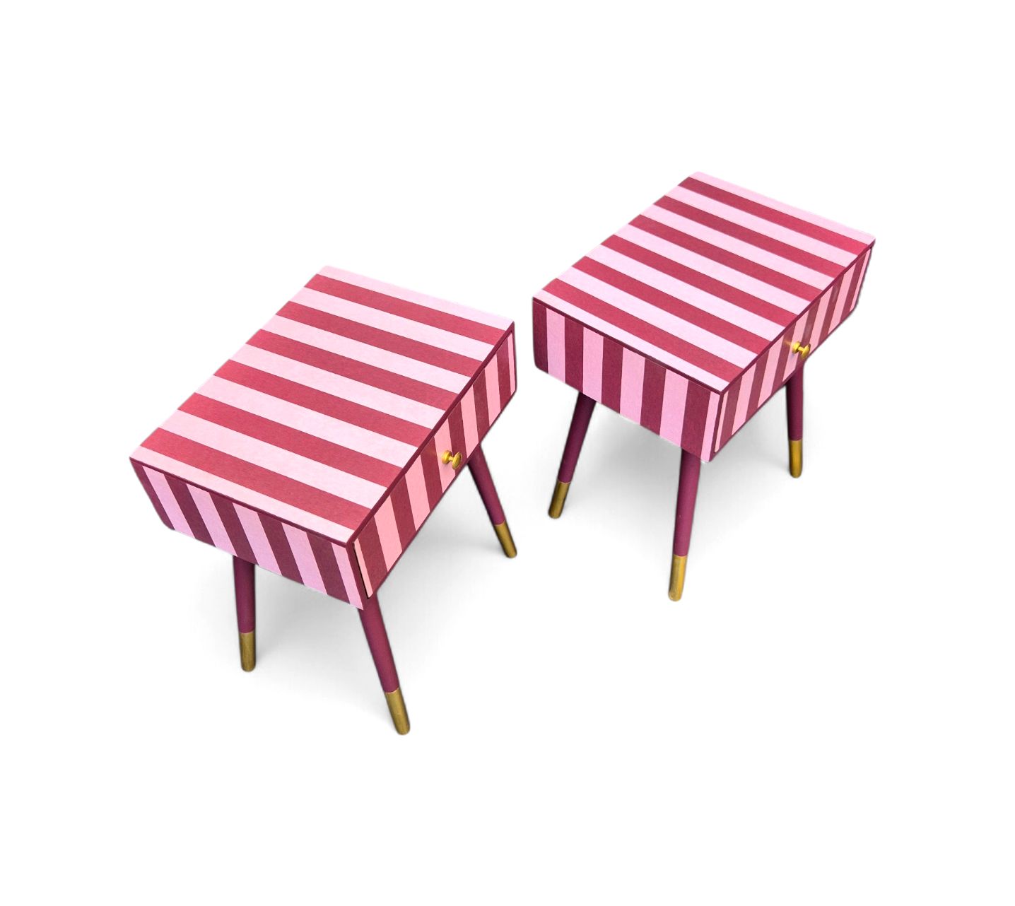 photo for sale Pair Of Luxury Upcycled Bedsides With Maroon Candy Stripe Decoupage