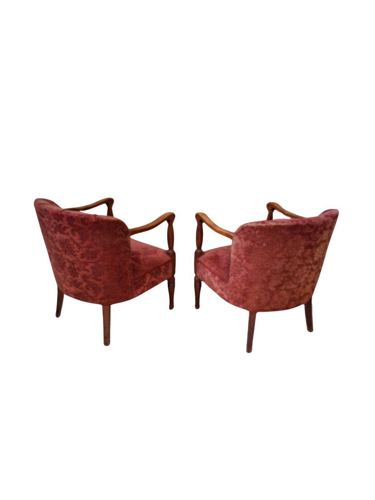 Elegante Coppia Di Poltrone Vintage Anni '60 In Rovere E Velluto Damascato photo for sale