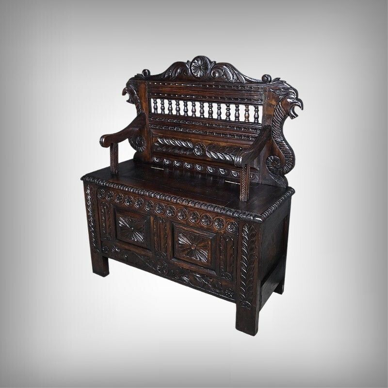 Oak Storage Bench, Neo Gothic Style – Early 20th Century