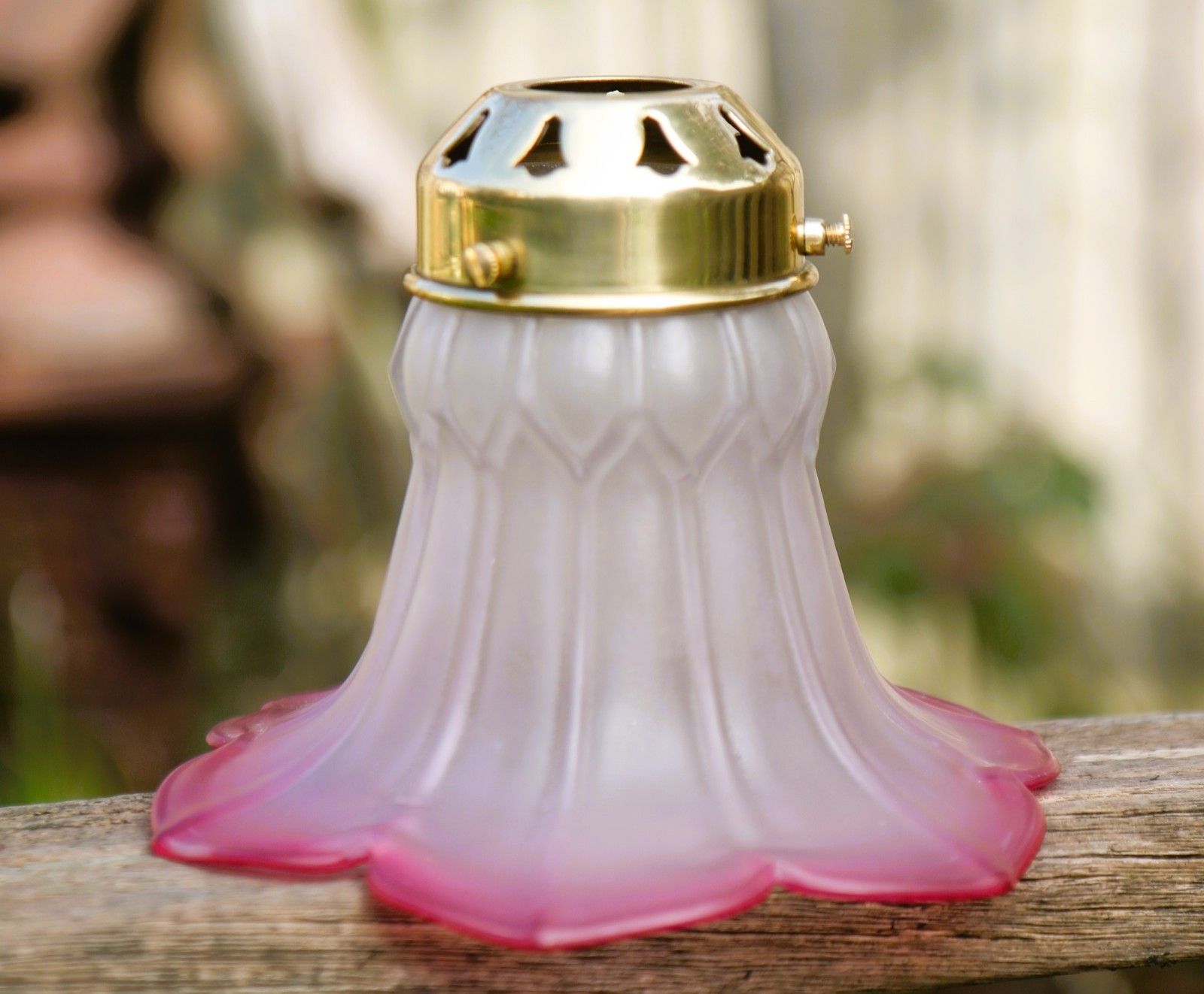 Vintage Cranberry Glass Lampshade & Brass Gallery Small Satin 6 Petal Lampshade photo vinterior