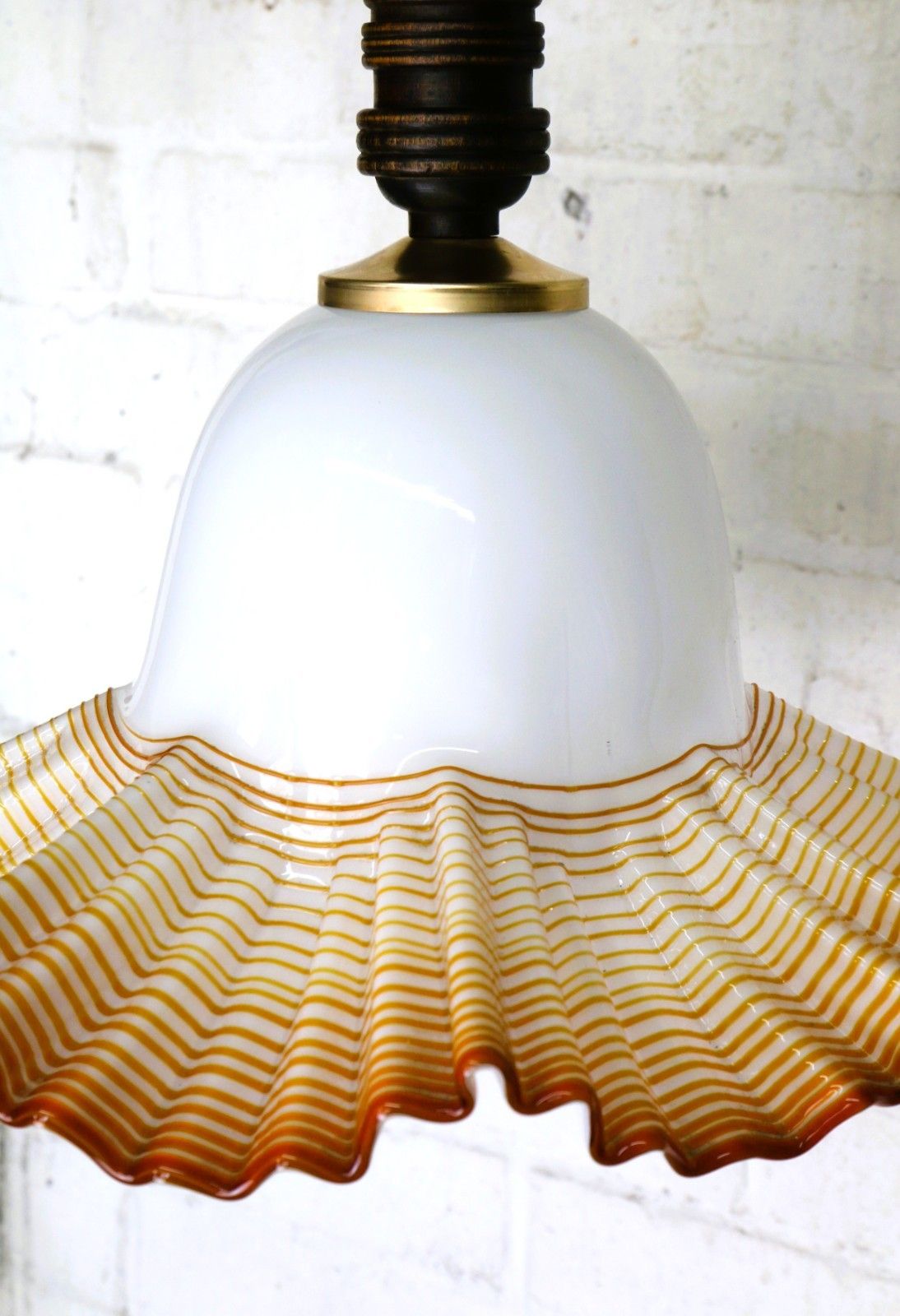 Ceiling Light Vintage Murano Italian White Glass Pendant With Caramel Overlay photo vintage