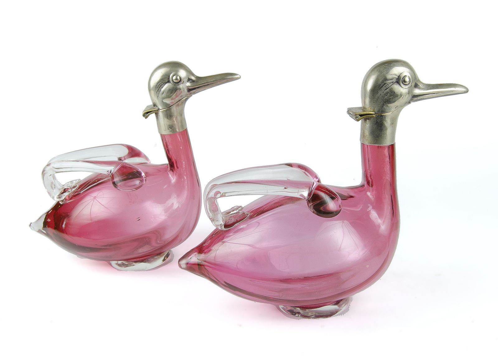 Pair Of 1960s Silver Plated And Deep Cranberry Pink Glass Figural Duck Claret Jugs, Czech Republic photo furniture