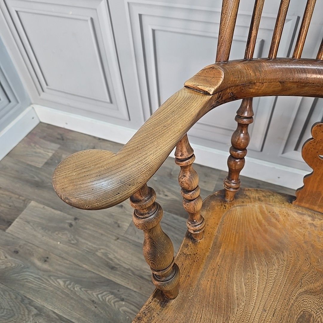 Antique Windsor Armchair Elm Seat Hoop Back 19th Century Turned Wooden Chair photo vintage