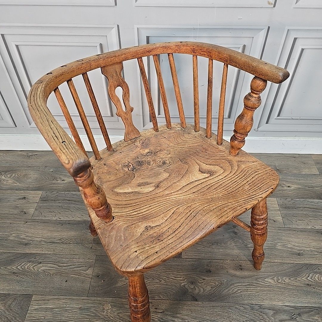 Antique Smokers Bow Chair Elm Seat Wooden Windsor Armchair Desk Hall 19th C photo Furniture