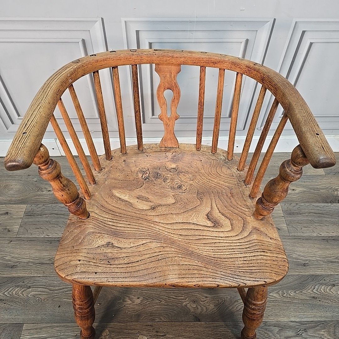 Antique Smokers Bow Chair Elm Seat Wooden Windsor Armchair Desk Hall 19th C photo 230.0