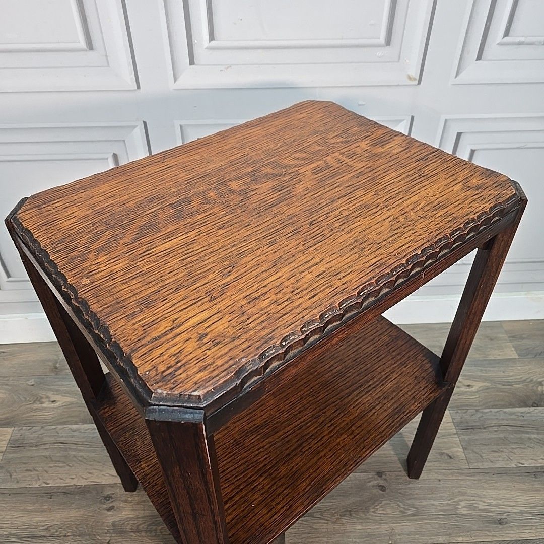 Antique Oak Side Table Two Tier Hall Lamp Plant Stand Arts Crafts Jacobean photo furniture