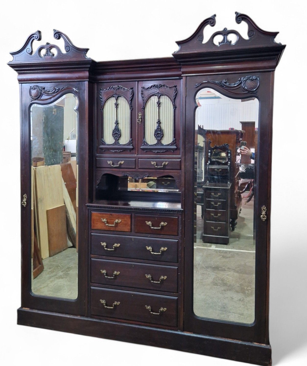 Victorian Triple Wardrobe Mahogany Mirrored Antique Combination Carved Armoire photo furniture