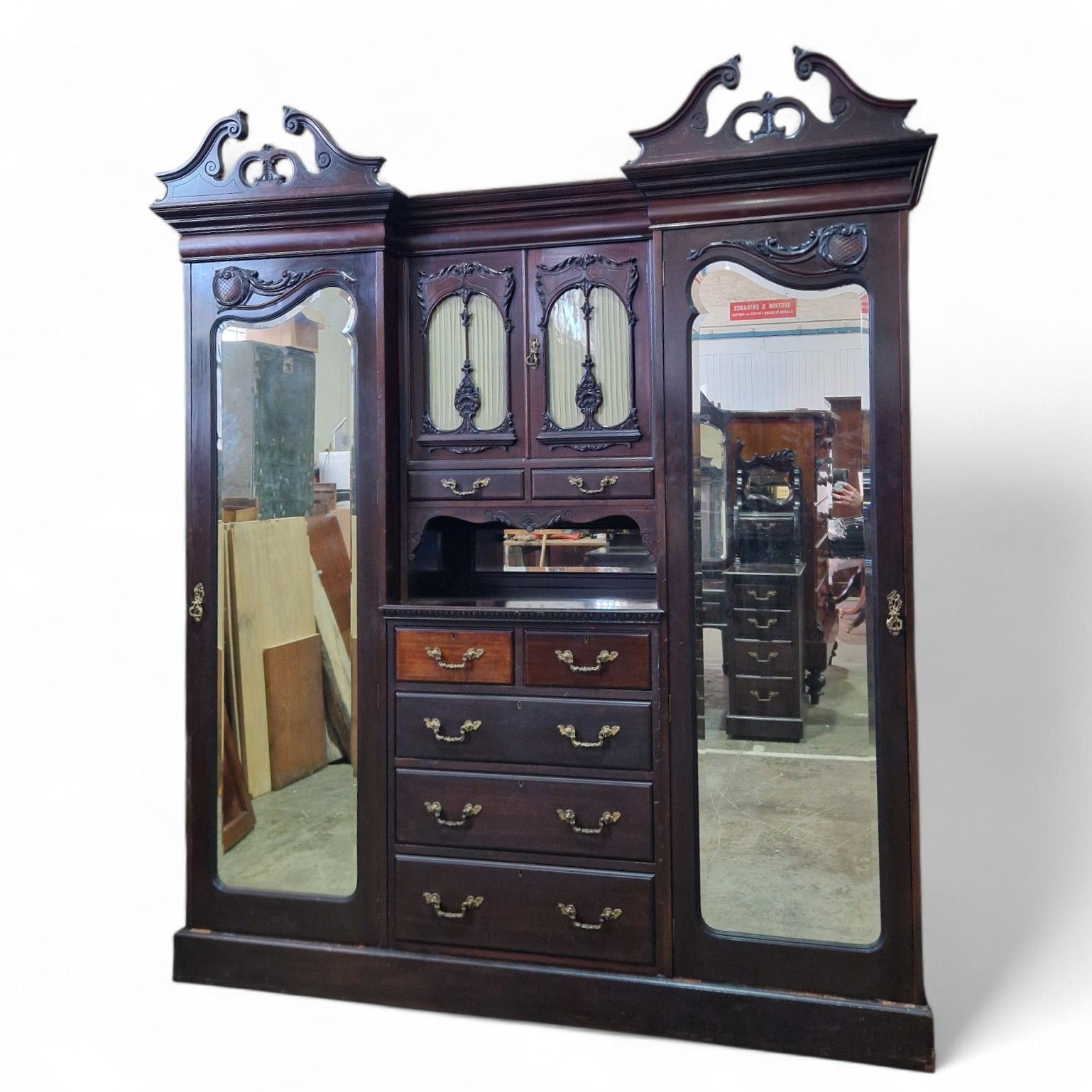 Victorian Triple Wardrobe Mahogany Mirrored Antique Combination Carved Armoire photo for sale