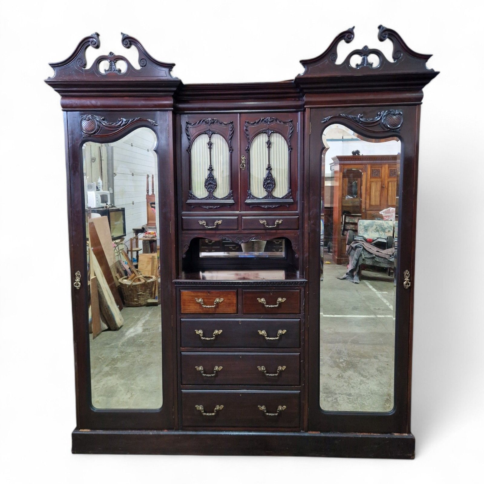 Victorian Triple Wardrobe Mahogany Mirrored Antique Combination Carved Armoire photo Furniture