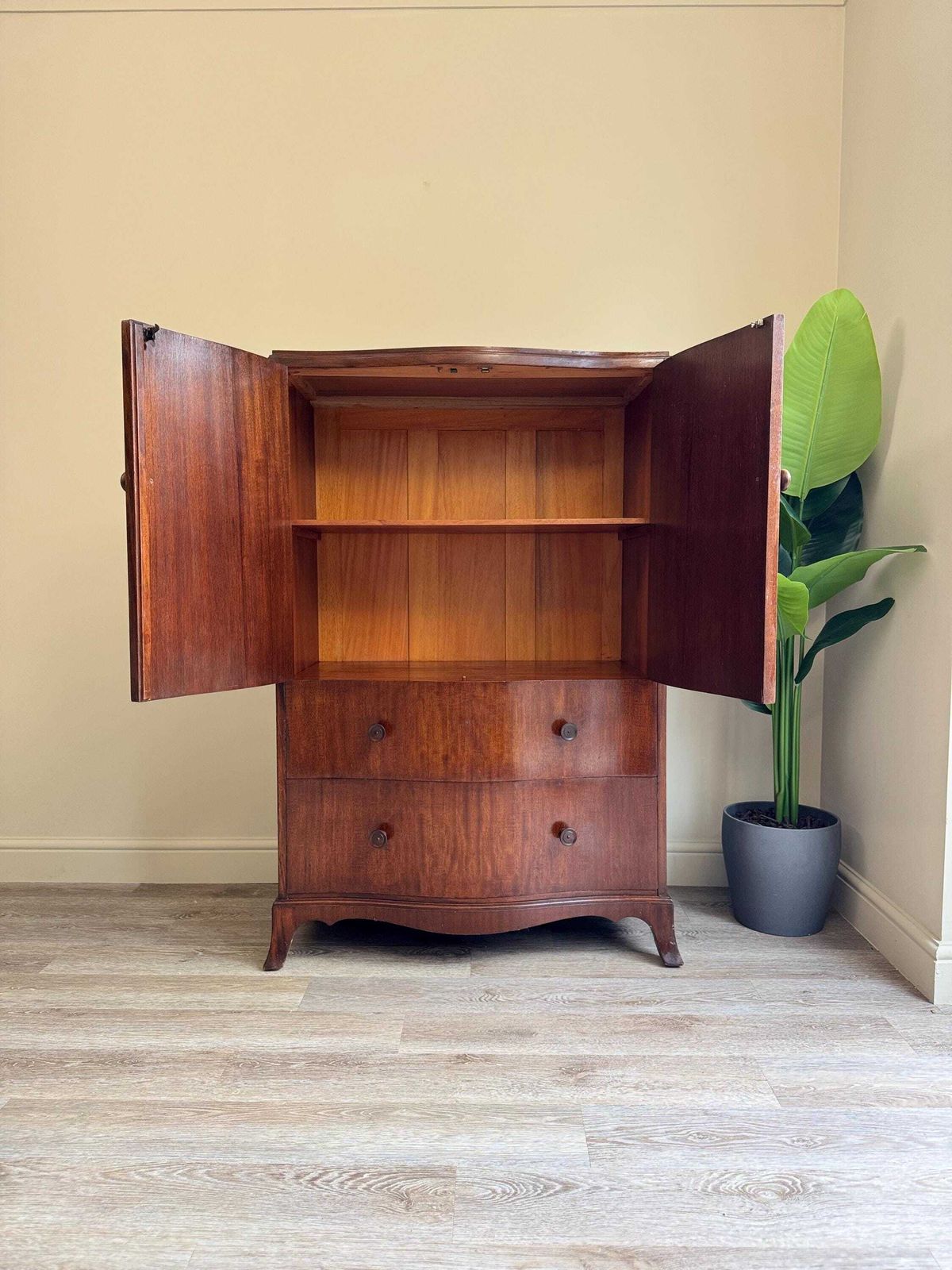 Vintage Double Door Wooden Linen Cupboard Cabinet Drawers Craft Organiser Gentlemen’s Wardrobe Mahogany photo furniture