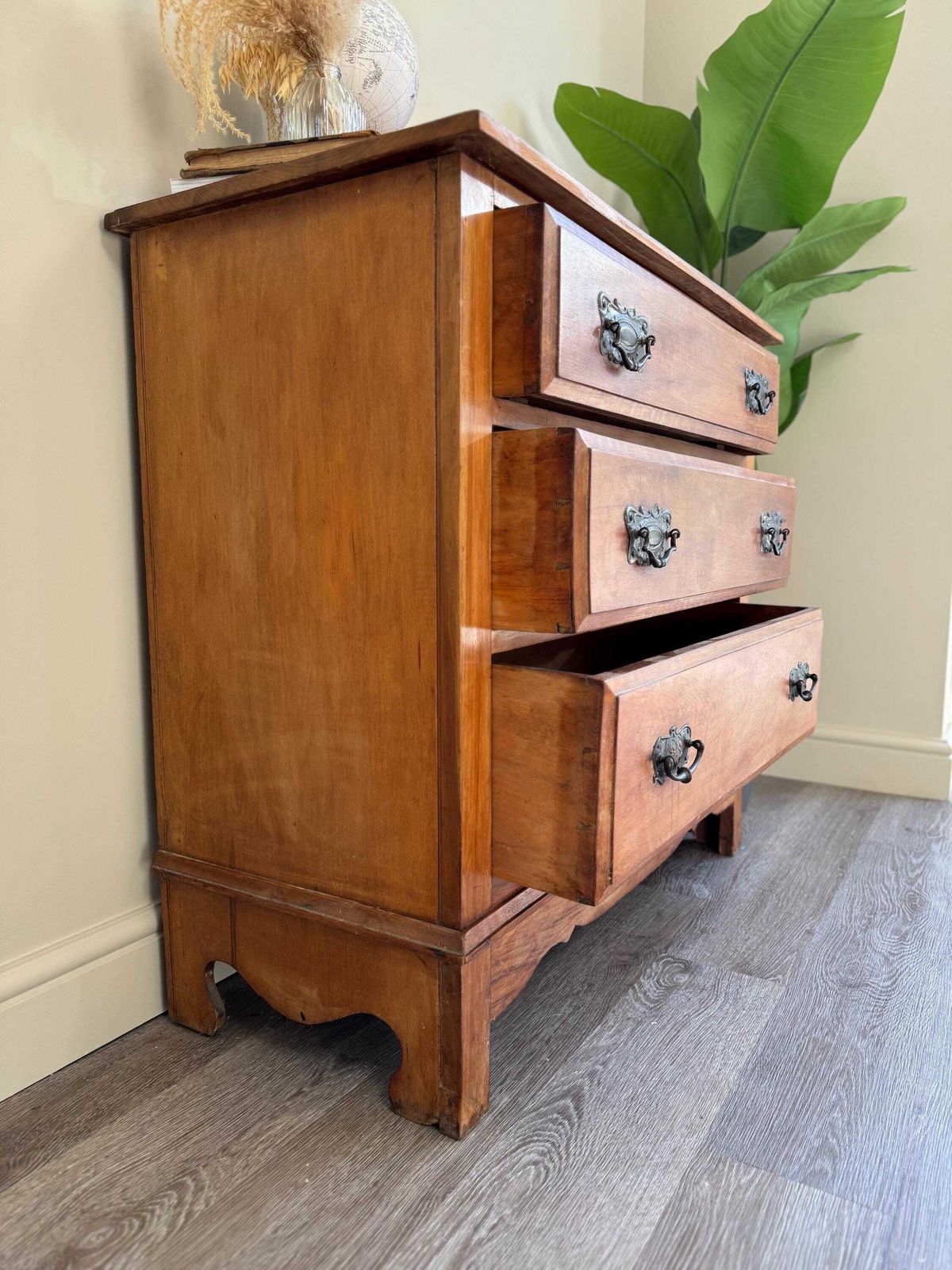 Solid Wood Antique Vintage Chest Of Drawers With Metal Handles Three Dovetail Drawers photo for sale
