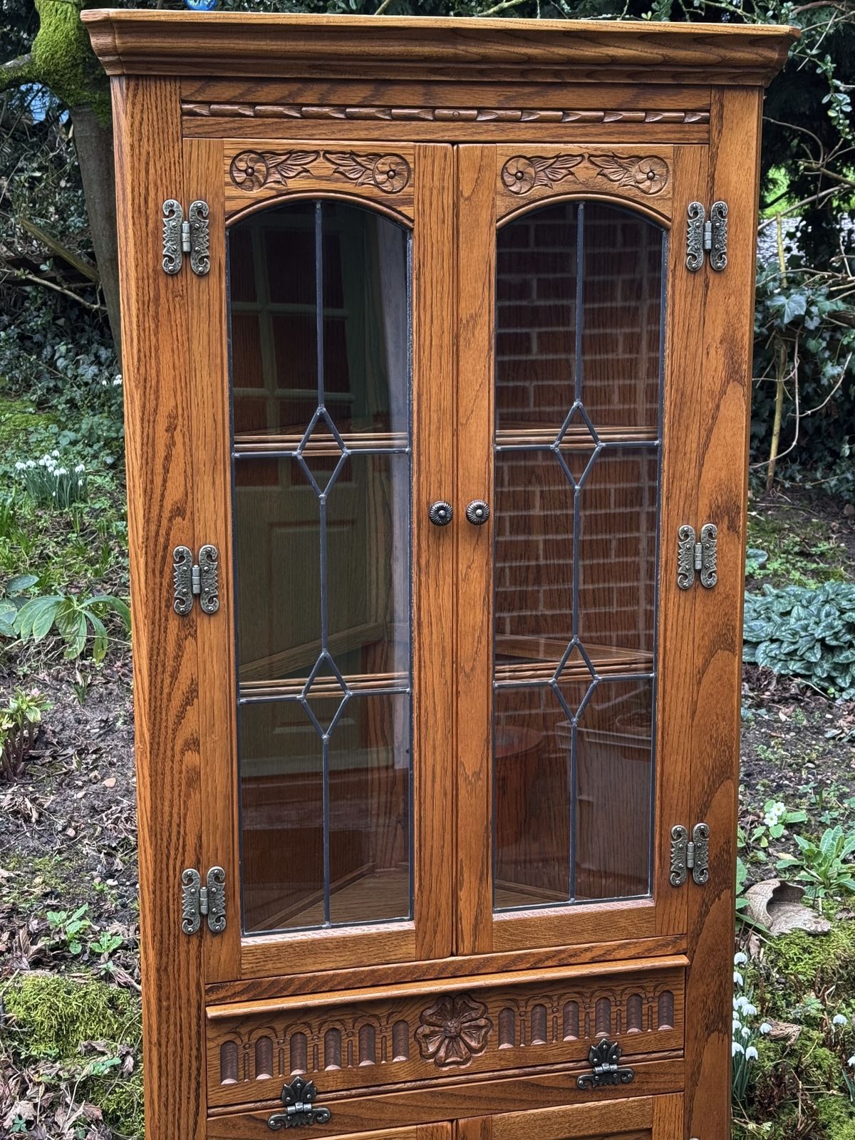 photo for sale A Wood Brothers Old Charm Vintage Carved Oak Corner Display Cabinet / Cupboard / Unit