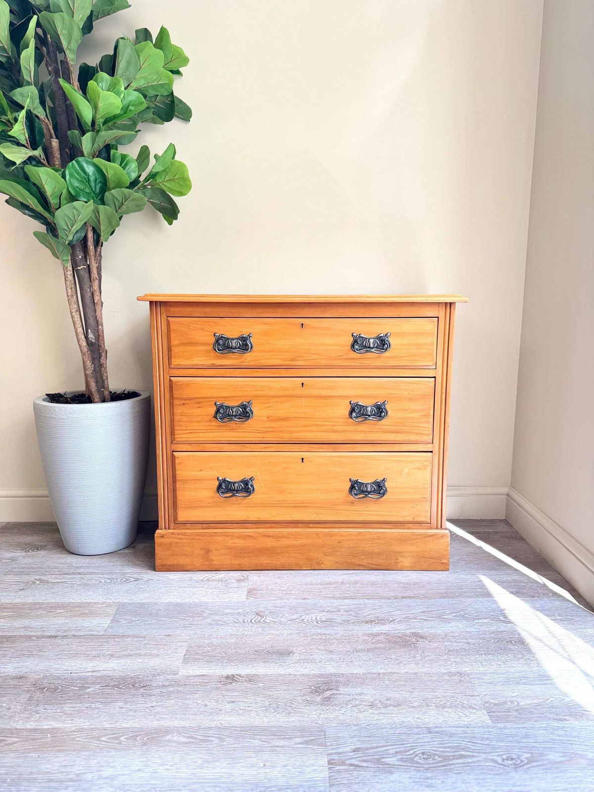 Solid Wood Vintage Chest Of Drawers With Original Metal Handles Three Dovetail Drawers