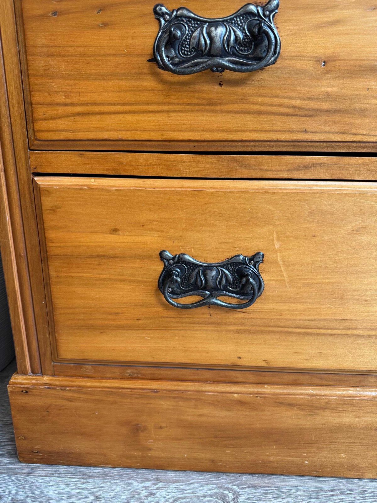 photo for sale Solid Wood Vintage Chest Of Drawers With Original Metal Handles Three Dovetail Drawers