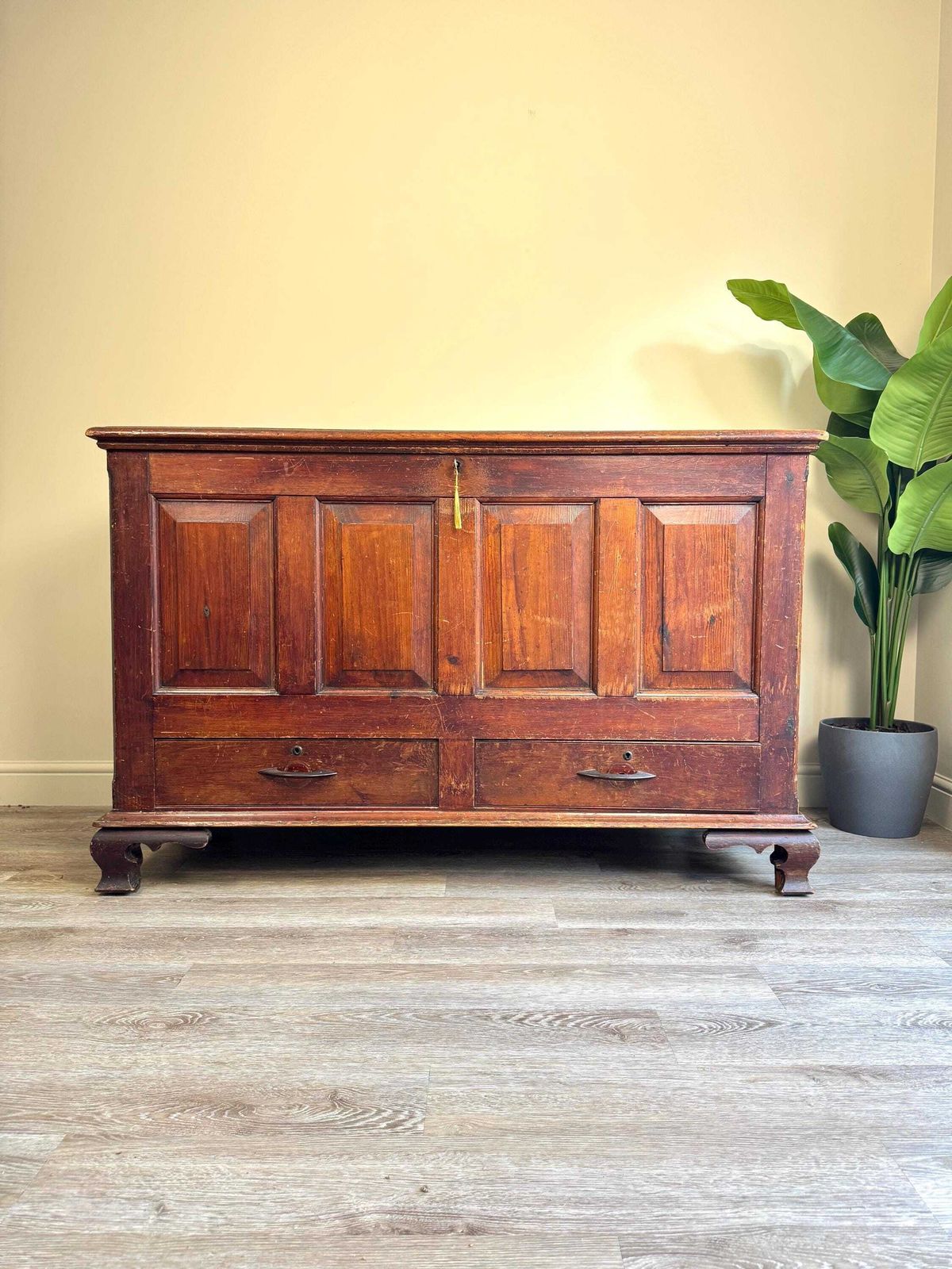 Extra Large 19th Century Antique Oak Dark Wood Blanket Box Chest Coffer With Key Rustic Farmhouse