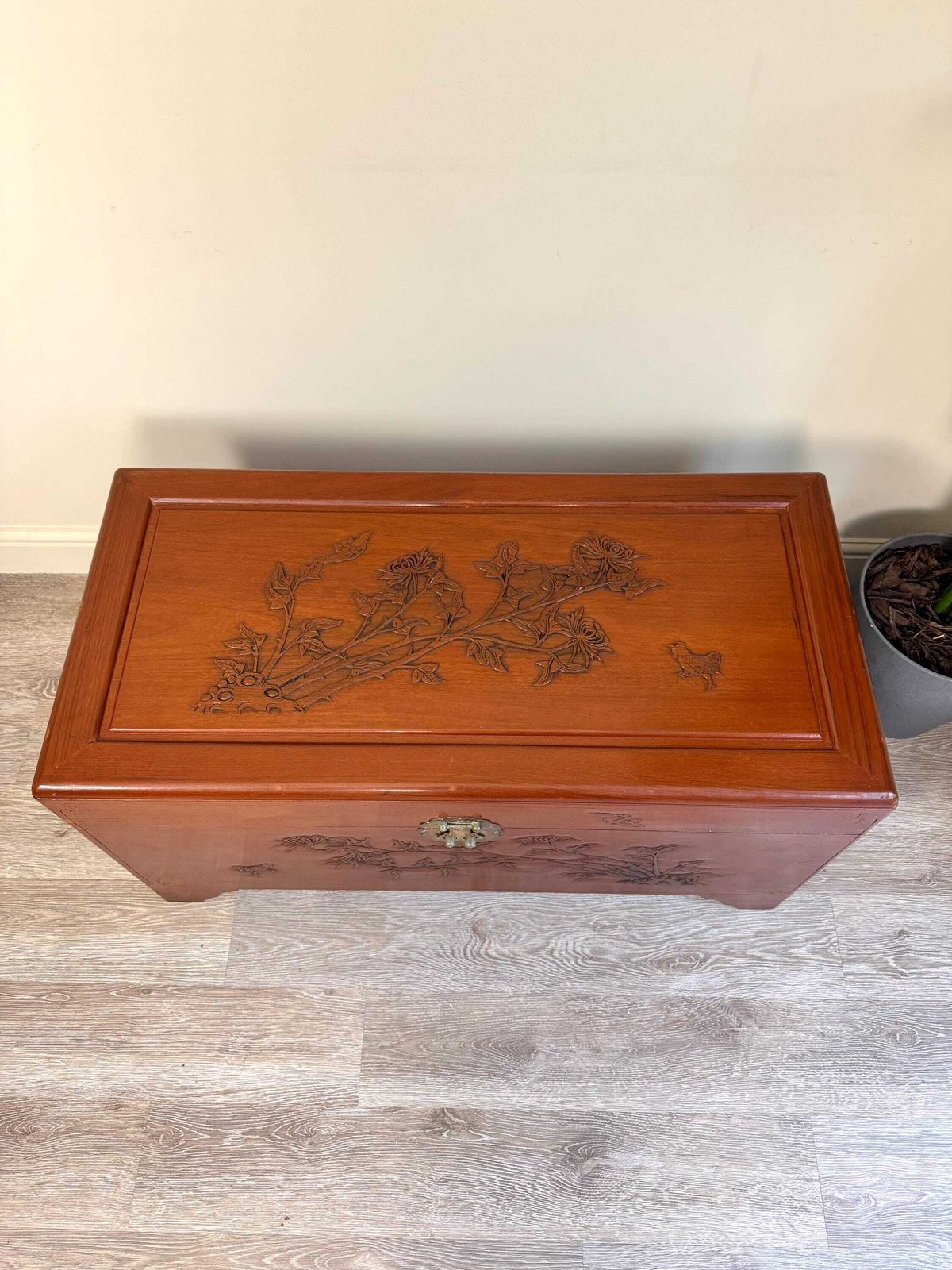 Vintage Chinese Carved Oak Dark Wood Blanket Box Chest Coffer Camphor Chest Ottoman photo for sale