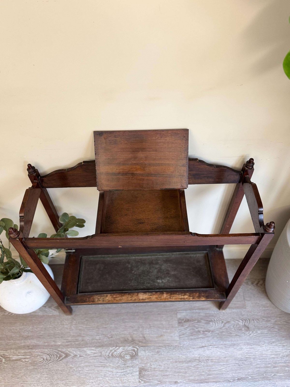 Vintage Wooden Entryway Console Table   Umbrella & Plant Stand With Metal Tray photo for sale