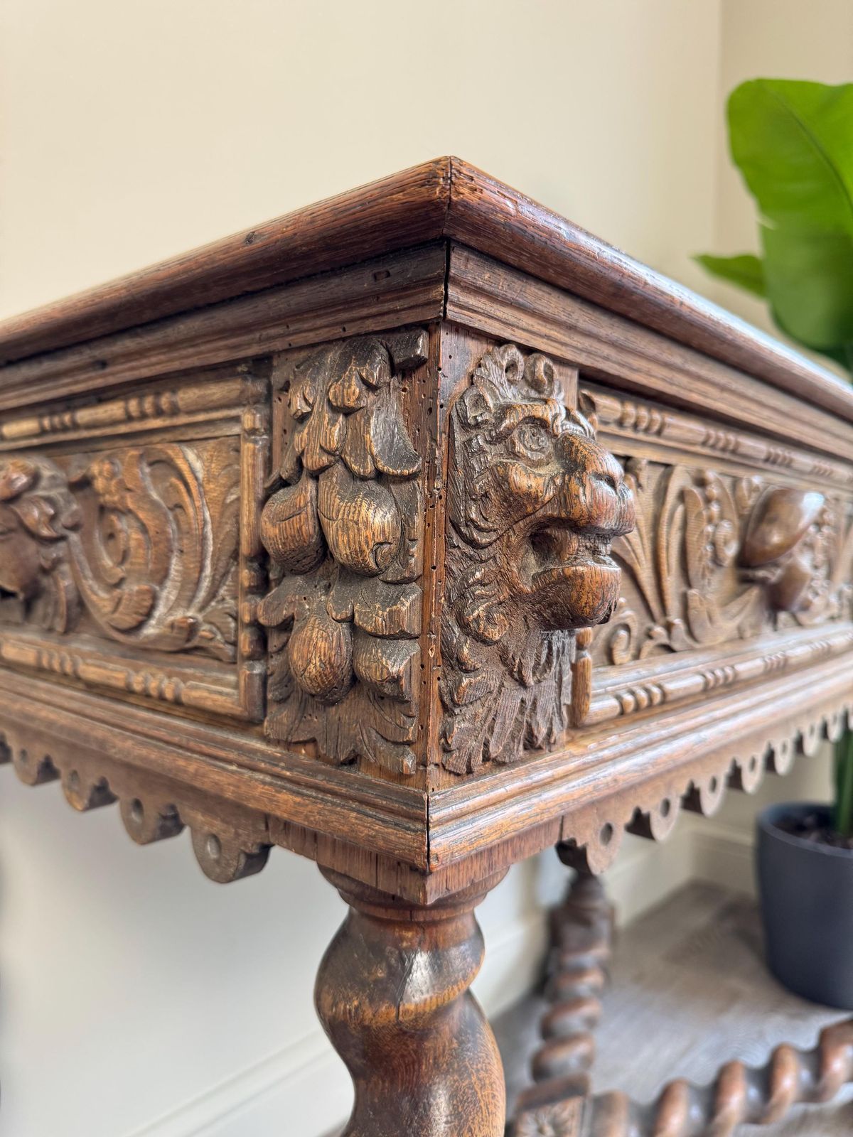 Antique Carved Wood Console Table: Barley Twist Hall, Gothic Revival photo for sale
