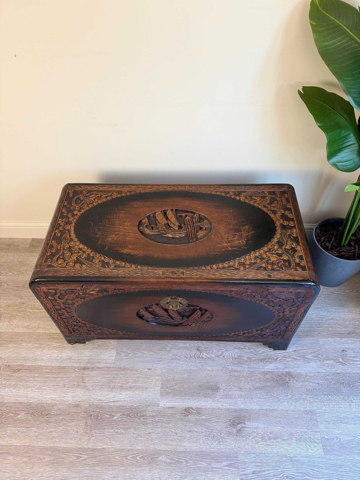 Vintage Chinese Carved Oak Dark Wood Blanket Box Chest Coffer Camphor Chest photo for sale