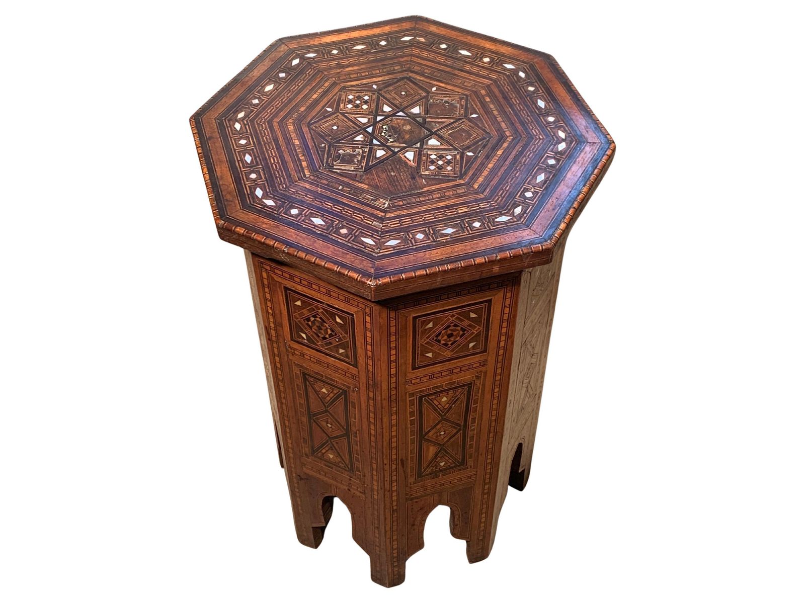 19th Century Hand Crafted Moroccan Octagonal Pedestal Table With Repetitive Geometric Inlaid Parquetry.